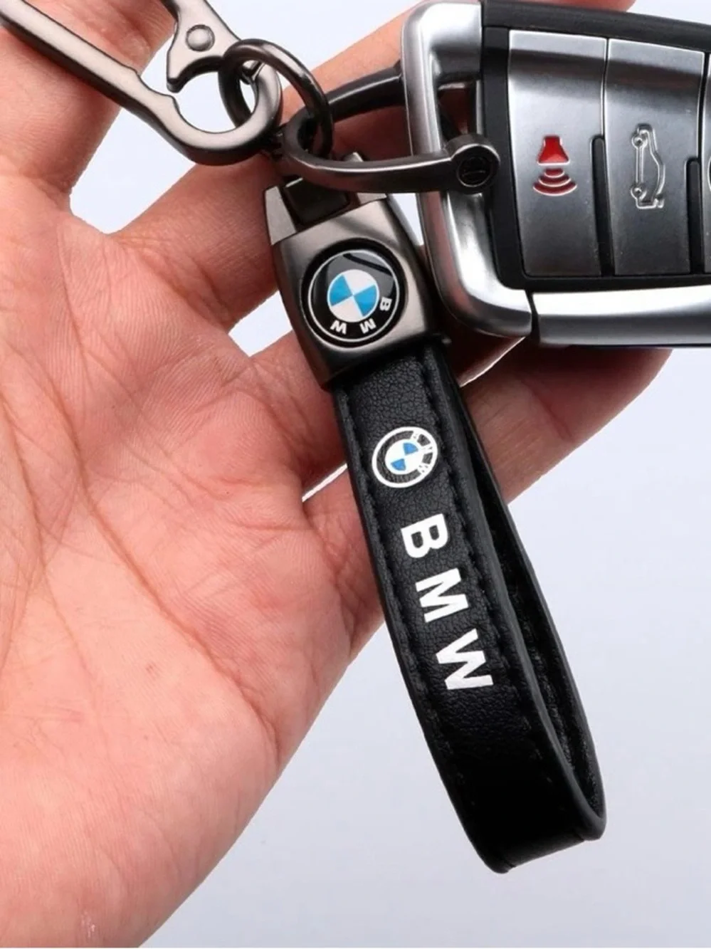 BMW Black Leather Keychain with Gunmetal Clip and Emblem